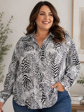 Vintage Metro Express 100% Silk Multi Animal Print Black & White Women Shirt 3X